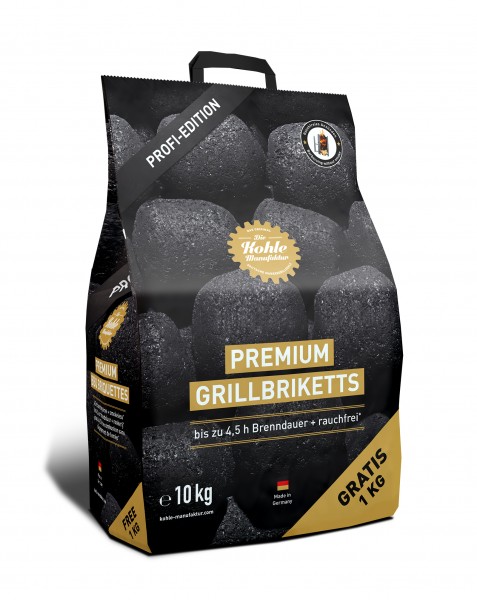 Premium Grillkohlebriketts 9 + 1 kg 4,5 Std Brenndauer rauchfrei